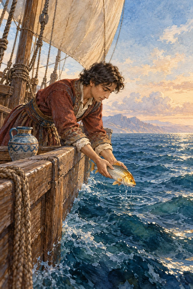 El príncipe devuelve al mar al pez de cabeza dorada desde la cubierta del barco.