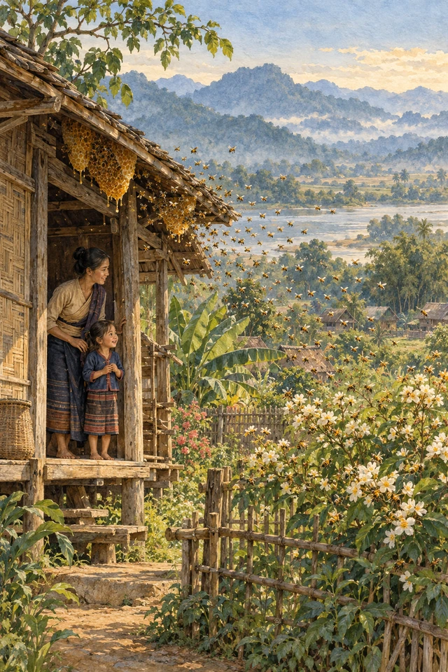 La niña y su madre observan a las abejas que llegan en enjambre a su casa.