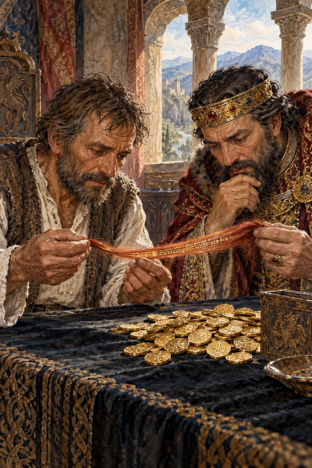 El hombre y el emperador examinan el cabello rojo abierto, con signos diminutos en su interior y monedas sobre la mesa.