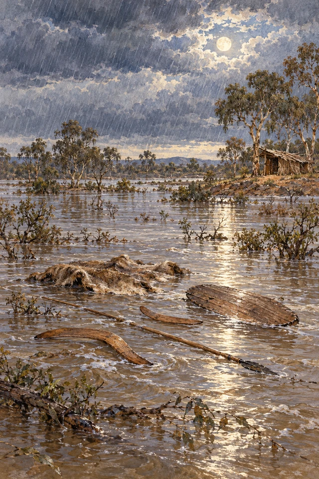 Las armas talladas y una manta de Mooregoo se dispersan en la inundación, frente al refugio de corteza.