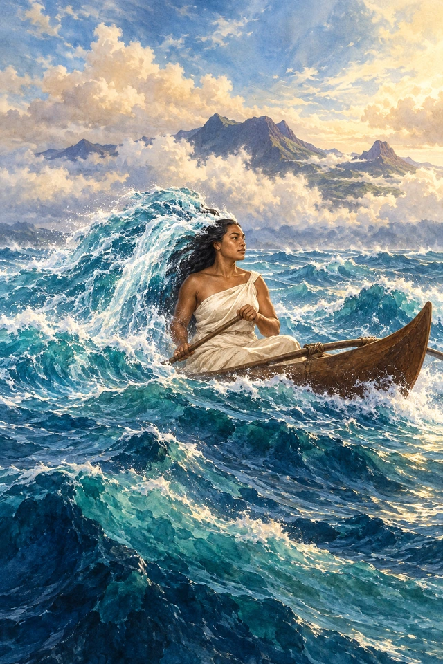 Pele viaja en canoa mientras el mar brota de su cabeza y rodea las cumbres volcánicas.
