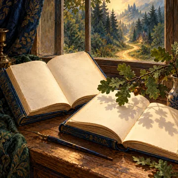 Imagen simbólica de la traducción de cuentos: dos libros y una rama de roble ante un bosque.