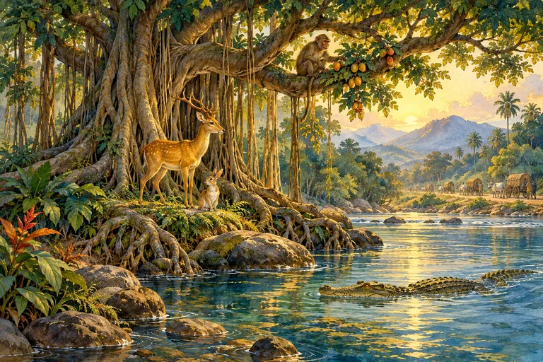Un ciervo, un conejo y un mono bajo un gran banyan junto al río.