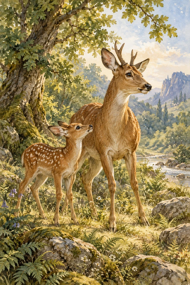 Un cervatillo mira a su madre, que mantiene las orejas atentas en el bosque.