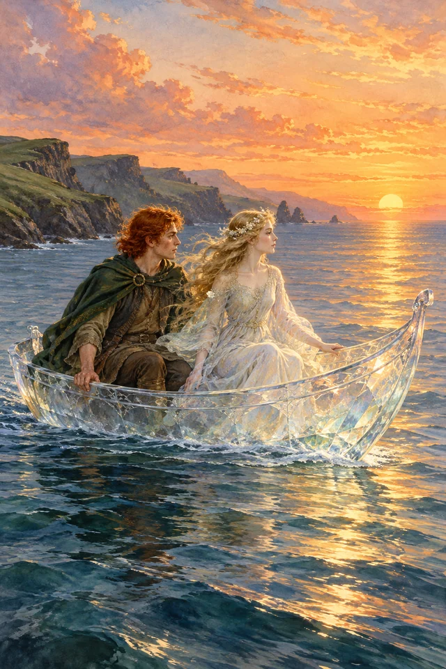 Connla y una joven viajan en una barca de cristal hacia el sol que se pone.