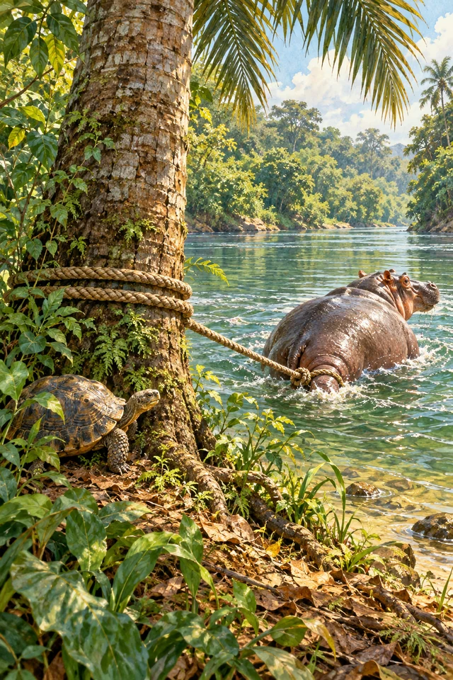 La tortuga se esconde junto a una palmera rodeada por la cuerda de la que tira el hipopótamo desde el río.