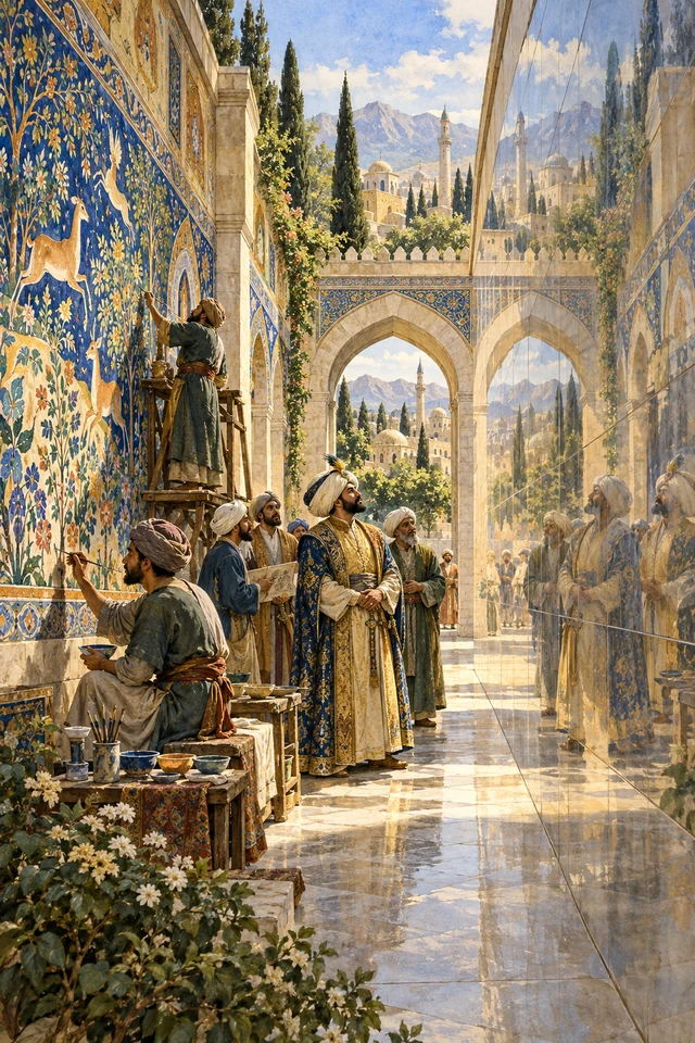 Un sultán y varios artesanos contemplan una pared pintada y su reflejo en la pared pulida de enfrente.