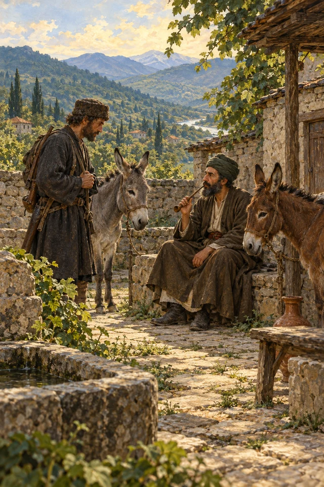 Dervish relata su historia al cazador mientras dos asnos permanecen atados en el patio.